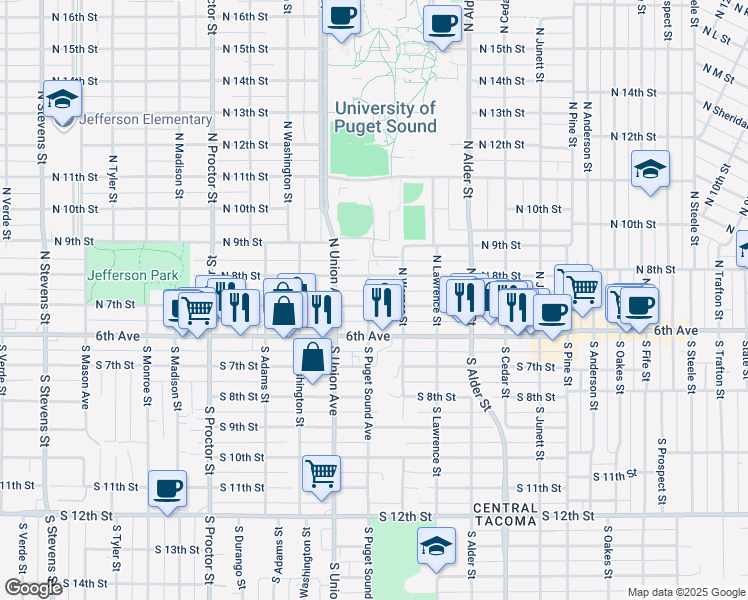 map of restaurants, bars, coffee shops, grocery stores, and more near 3502 North 7th Street in Tacoma