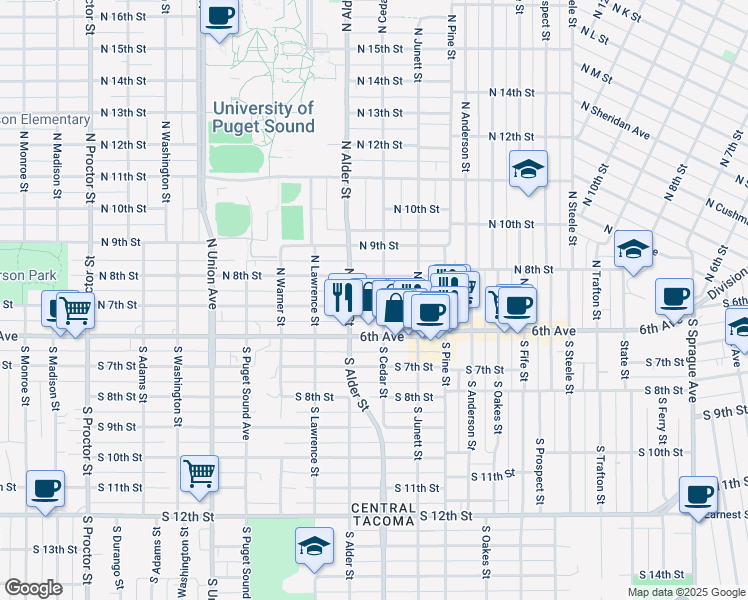 map of restaurants, bars, coffee shops, grocery stores, and more near 3107 North 7th Street in Tacoma