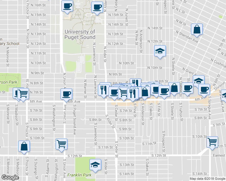 map of restaurants, bars, coffee shops, grocery stores, and more near 3107 North 7th Street in Tacoma