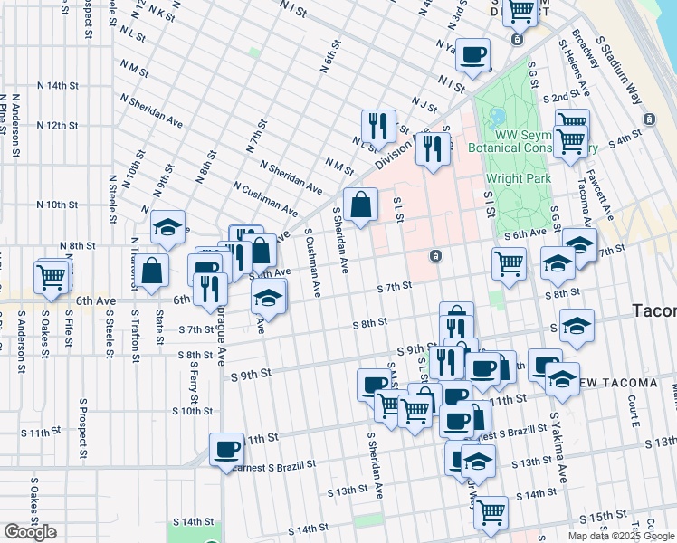 map of restaurants, bars, coffee shops, grocery stores, and more near 622 South Sheridan Avenue in Tacoma
