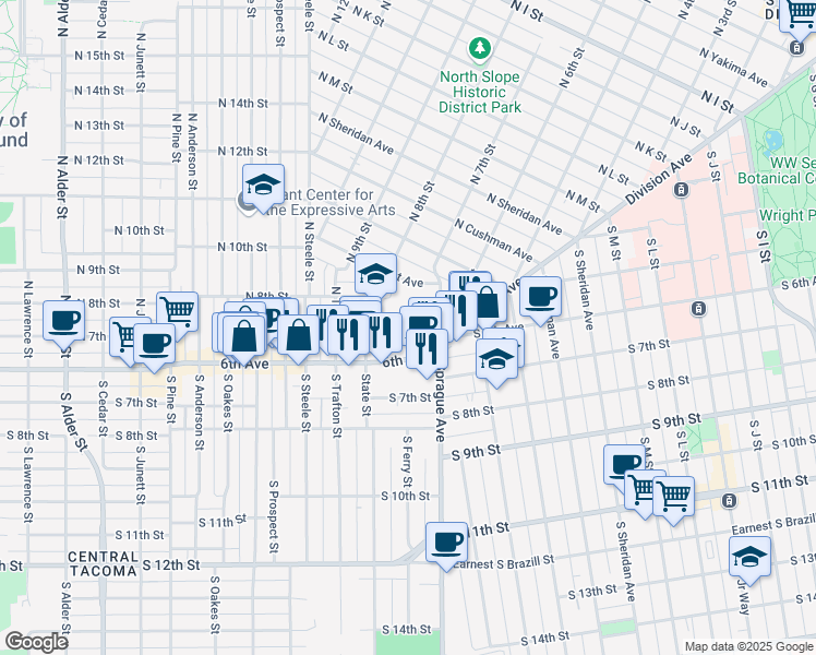 map of restaurants, bars, coffee shops, grocery stores, and more near 602 North Sprague Avenue in Tacoma