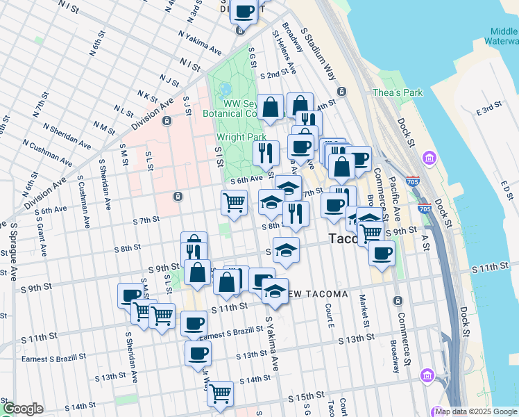 map of restaurants, bars, coffee shops, grocery stores, and more near 721 South Yakima Avenue in Tacoma