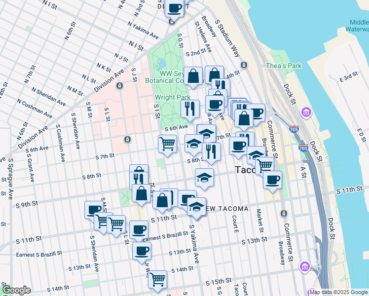 map of restaurants, bars, coffee shops, grocery stores, and more near 721 South Yakima Avenue in Tacoma