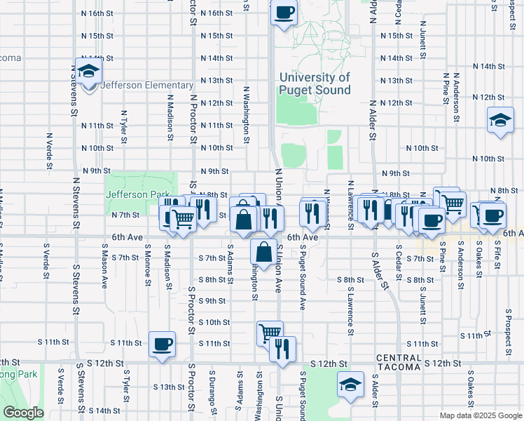map of restaurants, bars, coffee shops, grocery stores, and more near in Tacoma