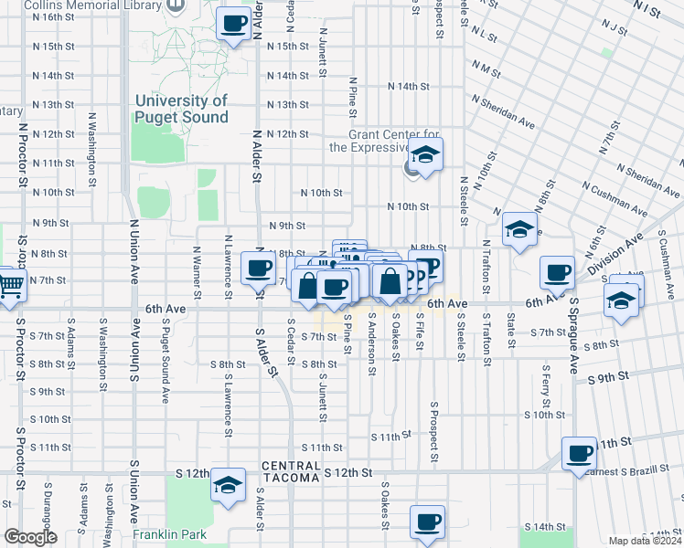 map of restaurants, bars, coffee shops, grocery stores, and more near 706 North Pine Street in Tacoma