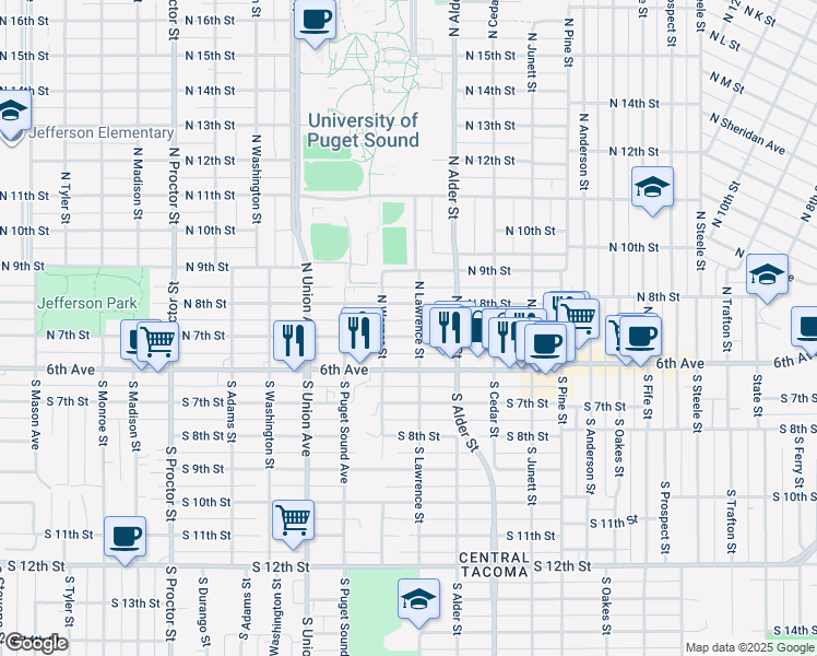 map of restaurants, bars, coffee shops, grocery stores, and more near 3305 North 7th Street in Tacoma