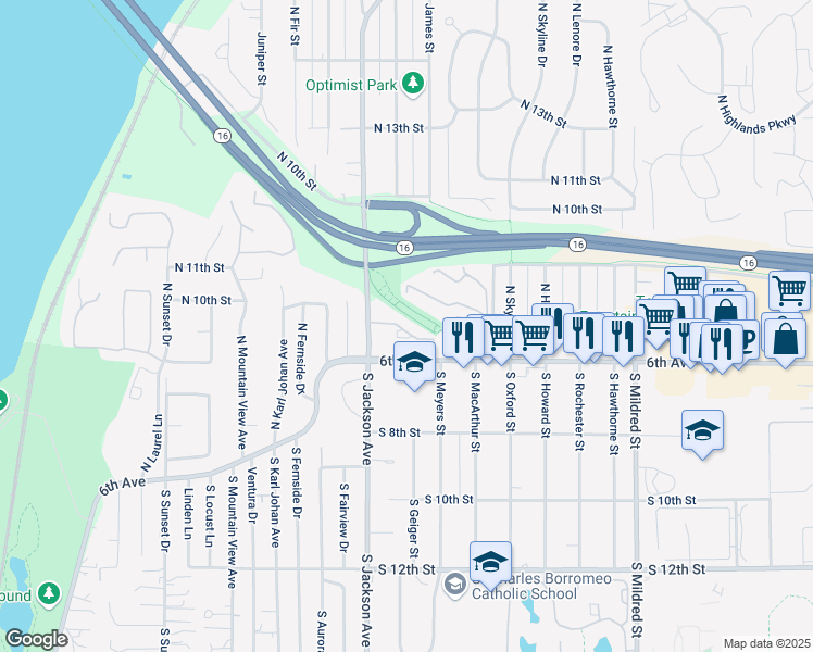 map of restaurants, bars, coffee shops, grocery stores, and more near 625 North Jackson Avenue in Tacoma