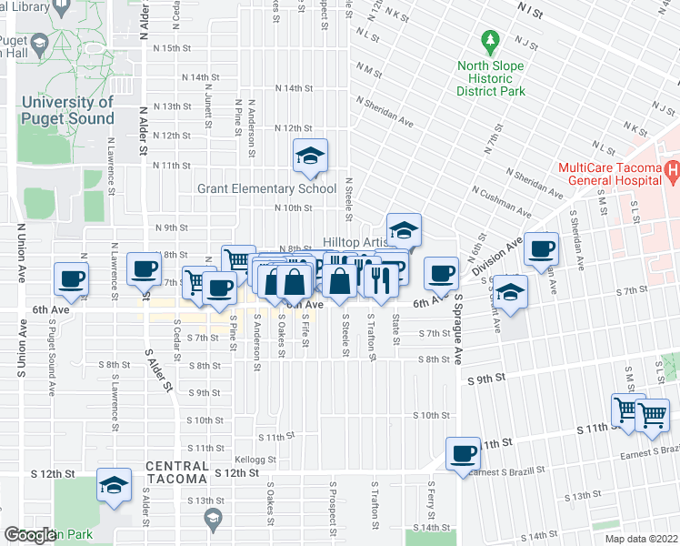 map of restaurants, bars, coffee shops, grocery stores, and more near in Tacoma
