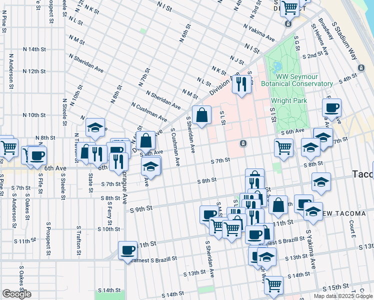 map of restaurants, bars, coffee shops, grocery stores, and more near 622 South Sheridan Avenue in Tacoma