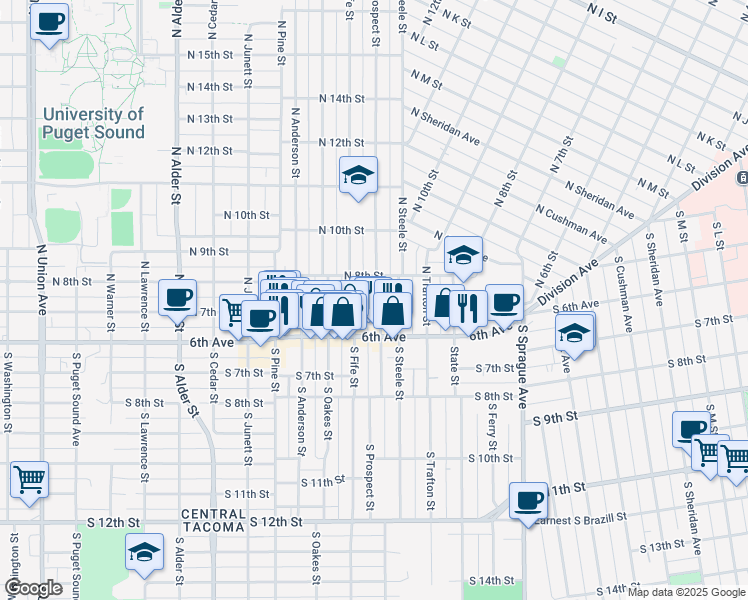 map of restaurants, bars, coffee shops, grocery stores, and more near 613 North Prospect Street in Tacoma