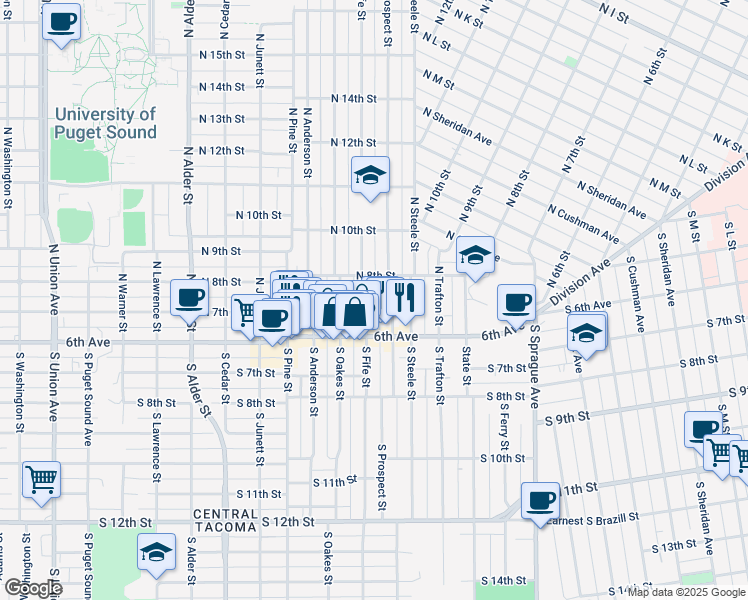map of restaurants, bars, coffee shops, grocery stores, and more near 610 North Fife Street in Tacoma