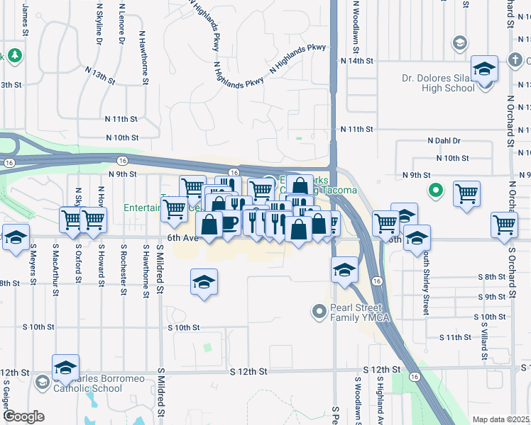 map of restaurants, bars, coffee shops, grocery stores, and more near 6201 6th Avenue in Tacoma