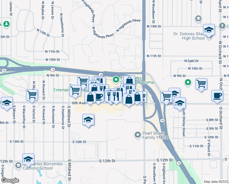 map of restaurants, bars, coffee shops, grocery stores, and more near 6201 6th Avenue in Tacoma