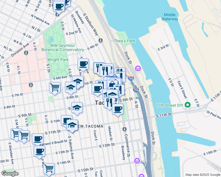 map of restaurants, bars, coffee shops, grocery stores, and more near in Tacoma