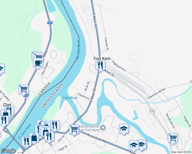 map of restaurants, bars, coffee shops, grocery stores, and more near 60 East Main Street in Fort Kent