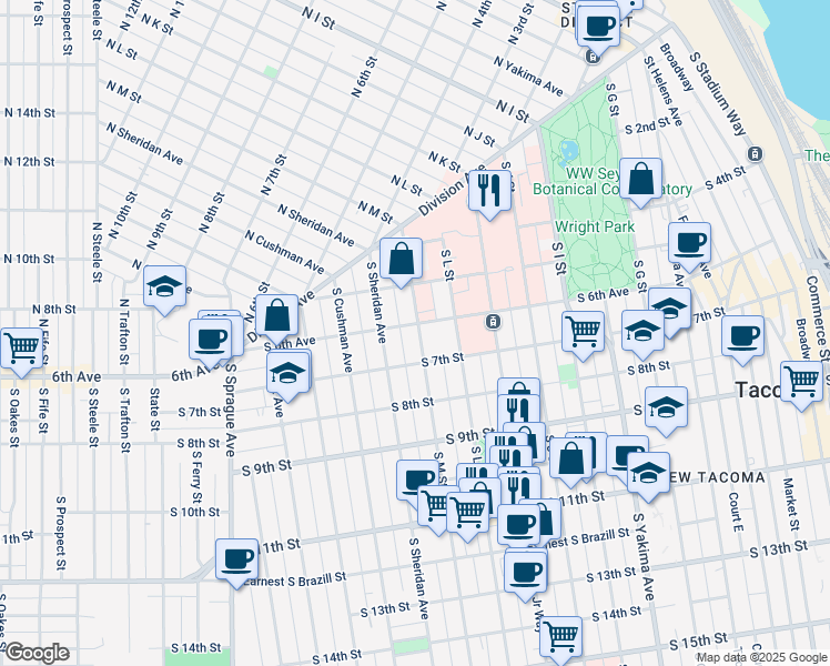 map of restaurants, bars, coffee shops, grocery stores, and more near 624 South M Street in Tacoma