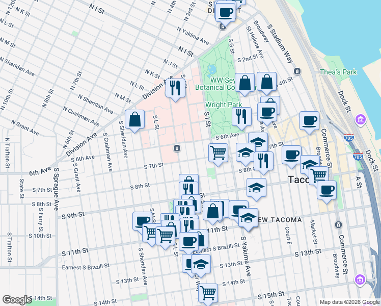 map of restaurants, bars, coffee shops, grocery stores, and more near 705 South J Street in Tacoma