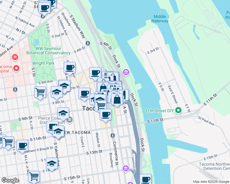 map of restaurants, bars, coffee shops, grocery stores, and more near 815 Pacific Avenue in Tacoma