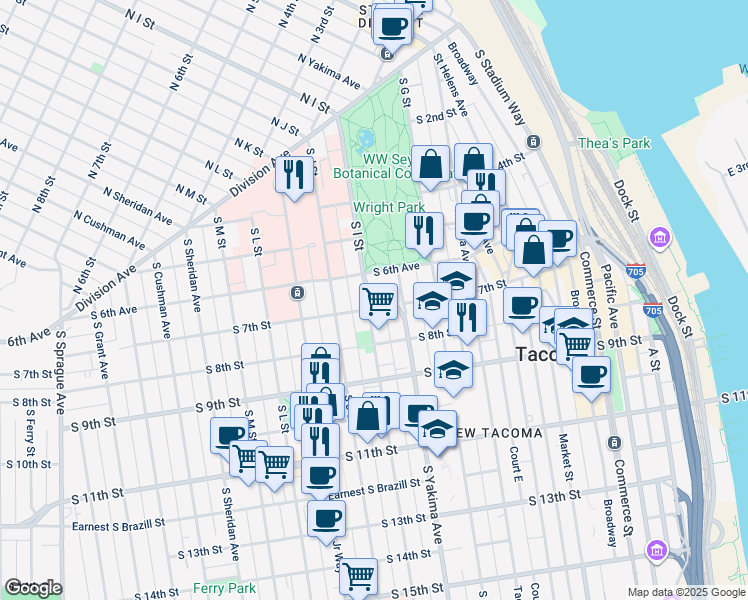 map of restaurants, bars, coffee shops, grocery stores, and more near 707 South I Street in Tacoma