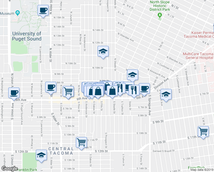 map of restaurants, bars, coffee shops, grocery stores, and more near 613 North Prospect Street in Tacoma