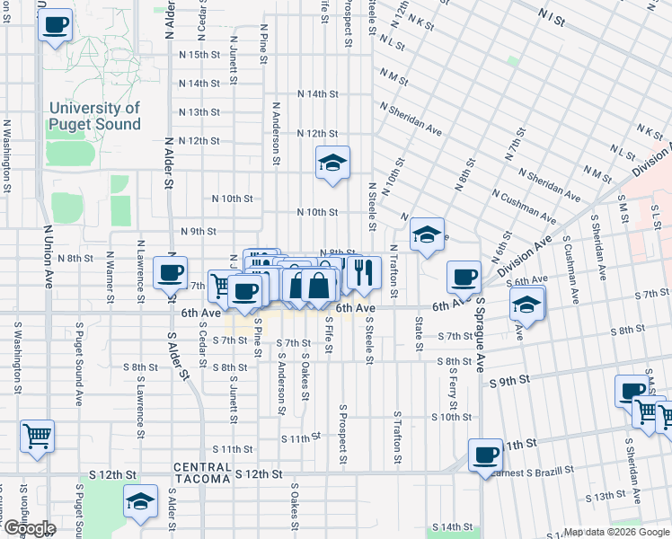 map of restaurants, bars, coffee shops, grocery stores, and more near 610 North Fife Street in Tacoma