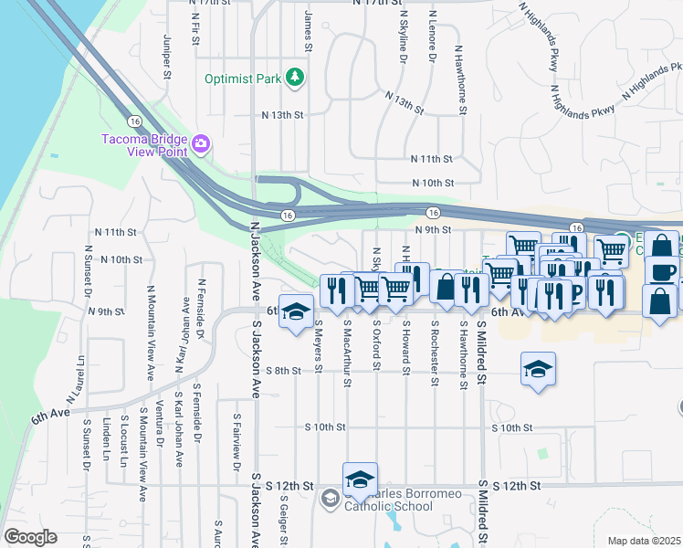 map of restaurants, bars, coffee shops, grocery stores, and more near 7217 6th Avenue in Tacoma