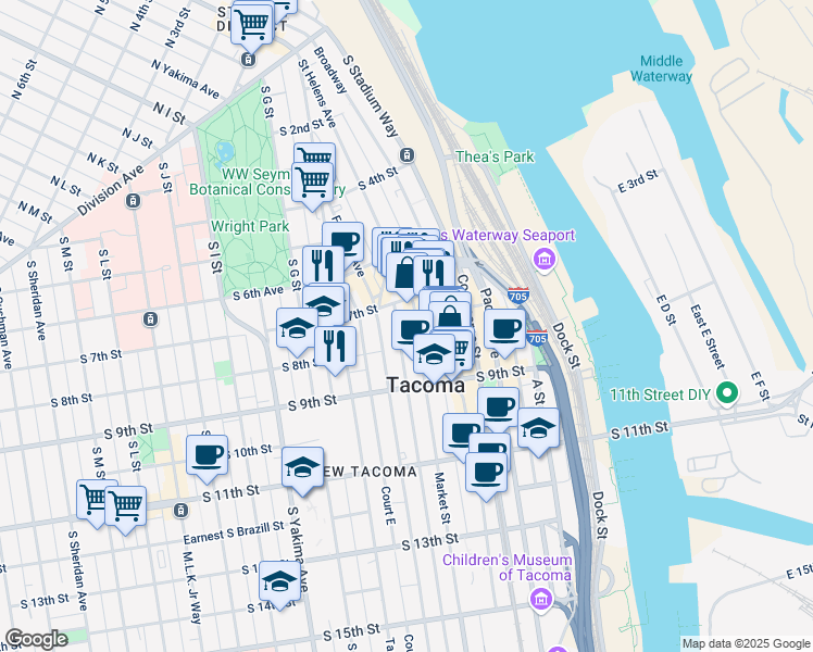 map of restaurants, bars, coffee shops, grocery stores, and more near 714 Market Street in Tacoma