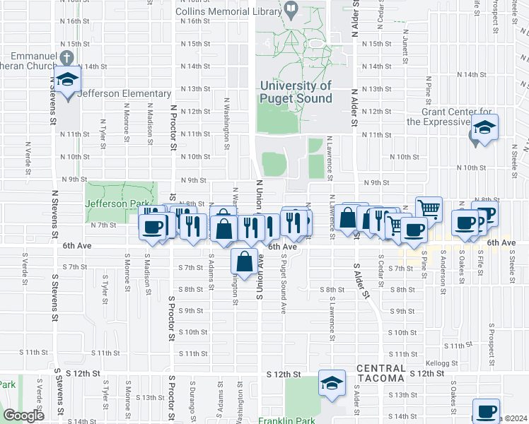 map of restaurants, bars, coffee shops, grocery stores, and more near 715 North Union Avenue in Tacoma