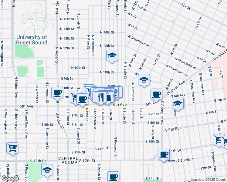 map of restaurants, bars, coffee shops, grocery stores, and more near 610 North Fife Street in Tacoma