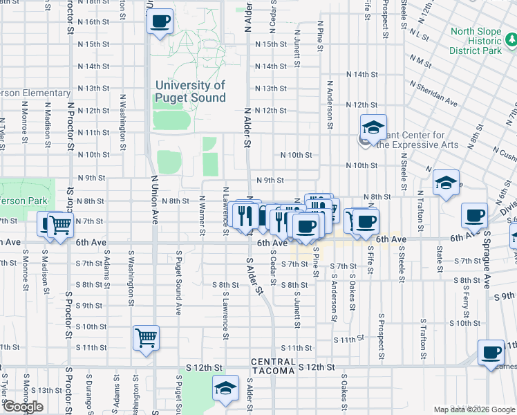map of restaurants, bars, coffee shops, grocery stores, and more near 812 North Cedar Street in Tacoma