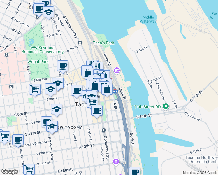 map of restaurants, bars, coffee shops, grocery stores, and more near 621 Pacific Avenue in Tacoma
