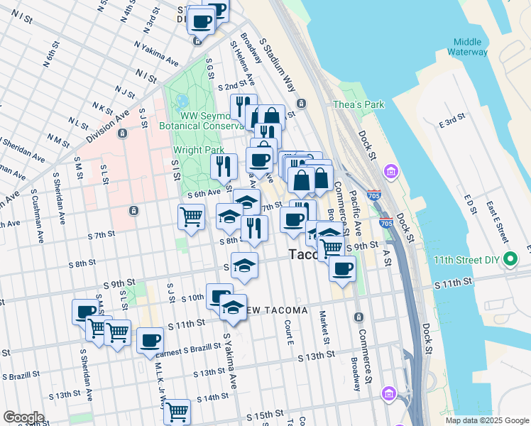 map of restaurants, bars, coffee shops, grocery stores, and more near 611 Tacoma Avenue South in Tacoma
