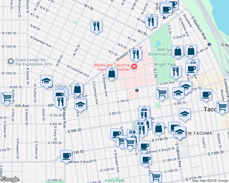map of restaurants, bars, coffee shops, grocery stores, and more near 515 South M Street in Tacoma