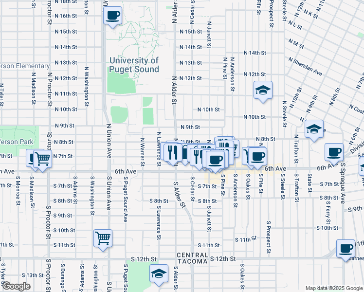 map of restaurants, bars, coffee shops, grocery stores, and more near 812 North Cedar Street in Tacoma
