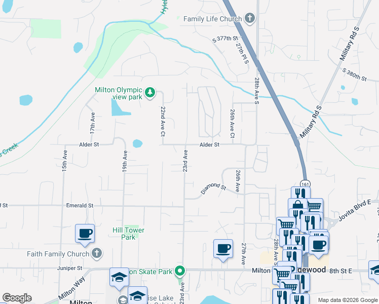 map of restaurants, bars, coffee shops, grocery stores, and more near 2290 Alder Street in Milton
