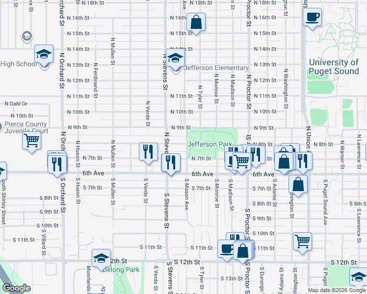 map of restaurants, bars, coffee shops, grocery stores, and more near 720 North Mason Avenue in Tacoma