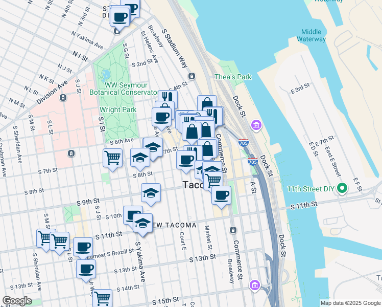 map of restaurants, bars, coffee shops, grocery stores, and more near in Tacoma