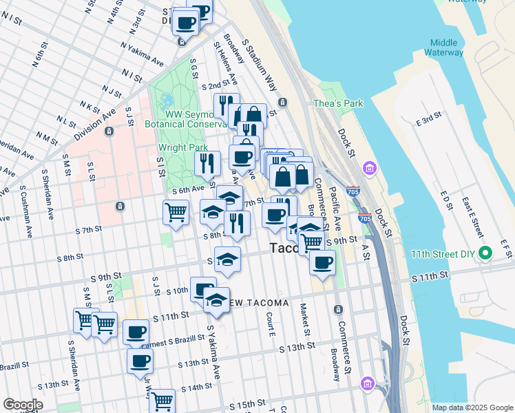 map of restaurants, bars, coffee shops, grocery stores, and more near 611 Tacoma Avenue South in Tacoma