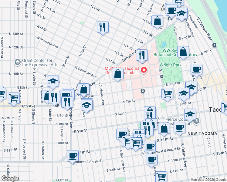map of restaurants, bars, coffee shops, grocery stores, and more near 505 South Sheridan Avenue in Tacoma