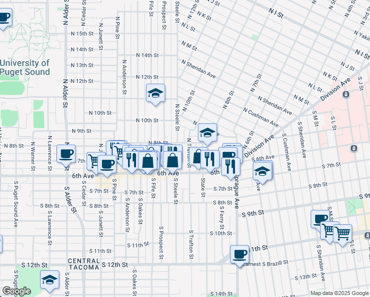map of restaurants, bars, coffee shops, grocery stores, and more near 2303 North 8th Street in Tacoma