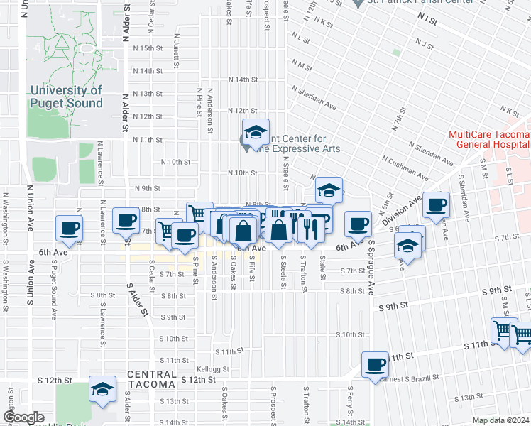 map of restaurants, bars, coffee shops, grocery stores, and more near 801 North Prospect Street in Tacoma