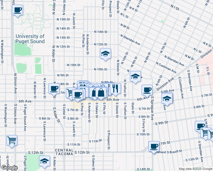 map of restaurants, bars, coffee shops, grocery stores, and more near 810 North Fife Street in Tacoma