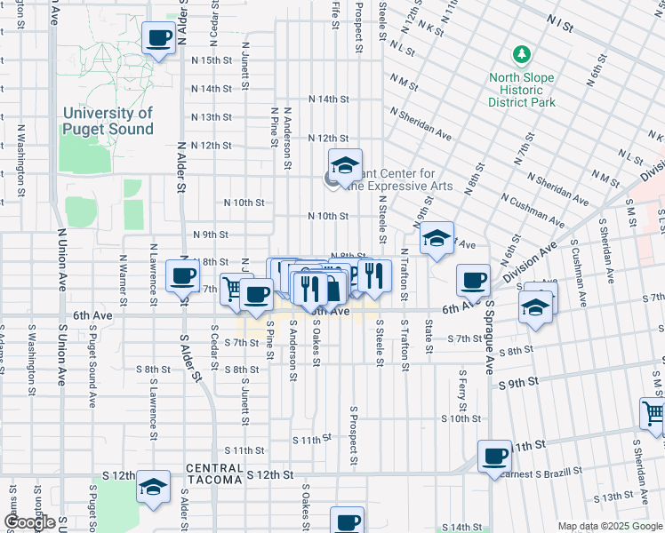 map of restaurants, bars, coffee shops, grocery stores, and more near 810 North Fife Street in Tacoma
