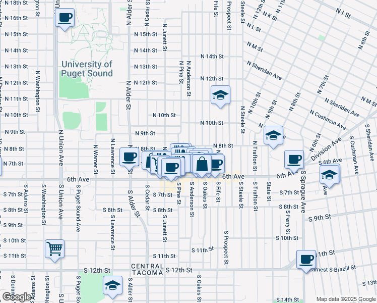 map of restaurants, bars, coffee shops, grocery stores, and more near 807 North Pine Street in Tacoma