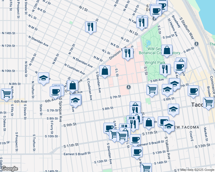 map of restaurants, bars, coffee shops, grocery stores, and more near 515 South M Street in Tacoma