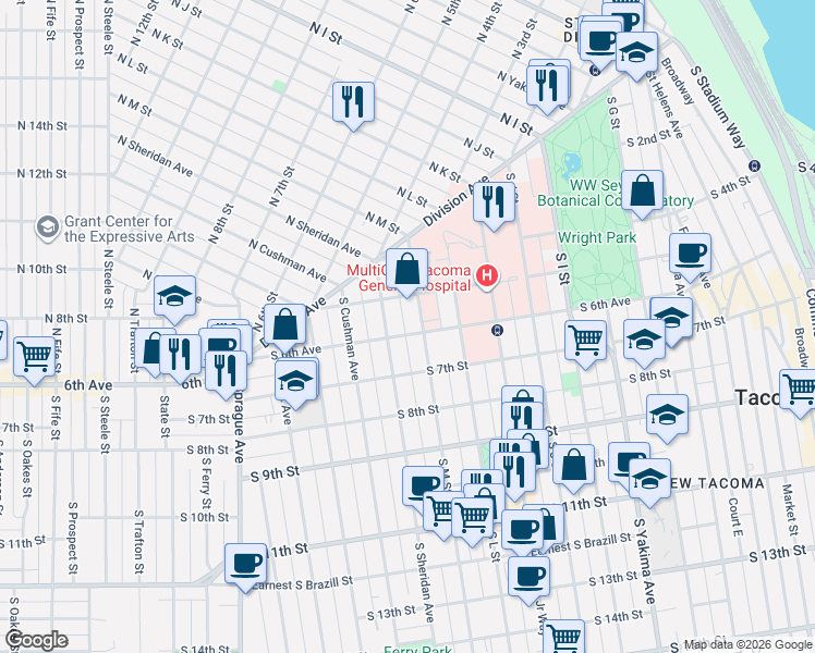 map of restaurants, bars, coffee shops, grocery stores, and more near 505 South Sheridan Avenue in Tacoma