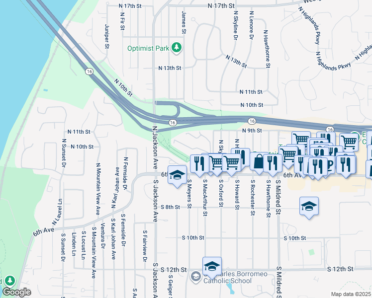 map of restaurants, bars, coffee shops, grocery stores, and more near 7324 North Skyview Place in Tacoma