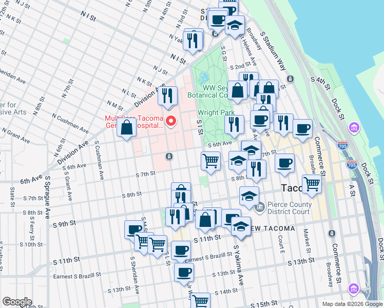 map of restaurants, bars, coffee shops, grocery stores, and more near in Tacoma