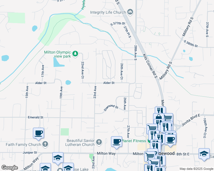 map of restaurants, bars, coffee shops, grocery stores, and more near 2317 Alder Street in Milton