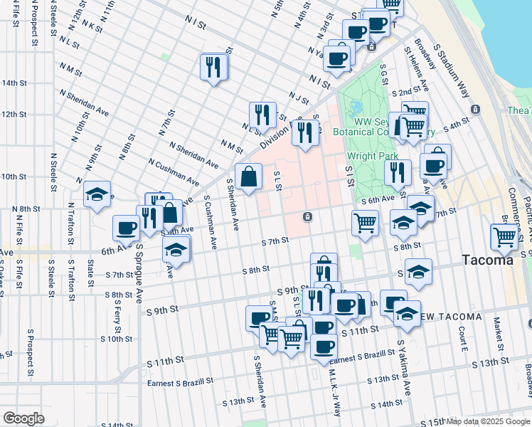 map of restaurants, bars, coffee shops, grocery stores, and more near 515 South M Street in Tacoma